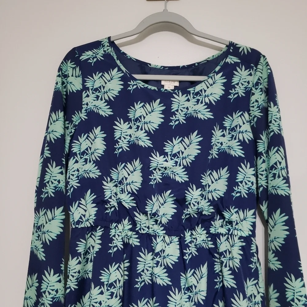 J. Crew Leaf Print Long Sleeve Dress 10 Navy Blue Mint Green Faux Wrap Lined